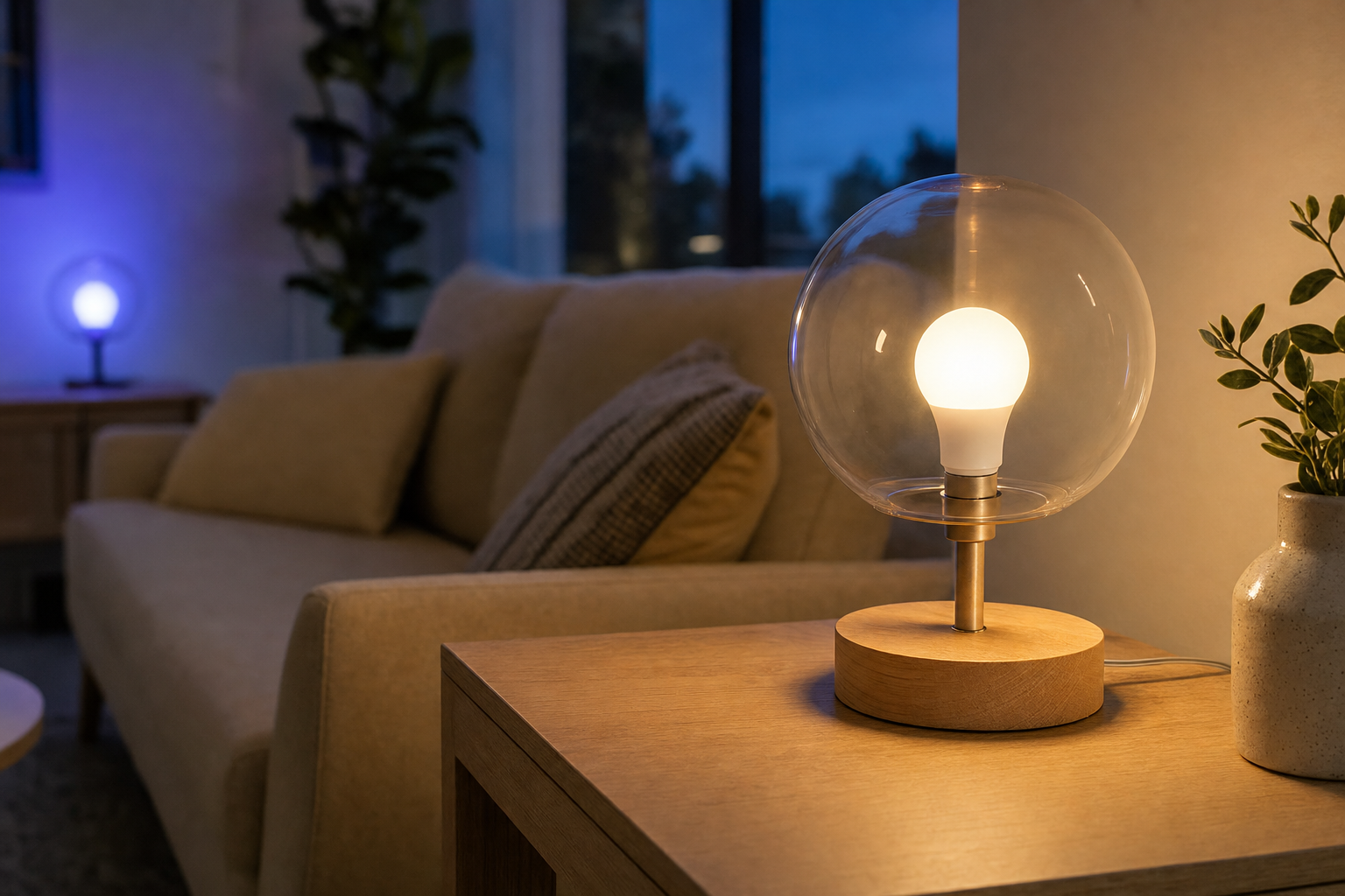 Best Matter Light Bulbs - a smart bulb glowing warm white in a modern table lamp on a living room side table at dusk
