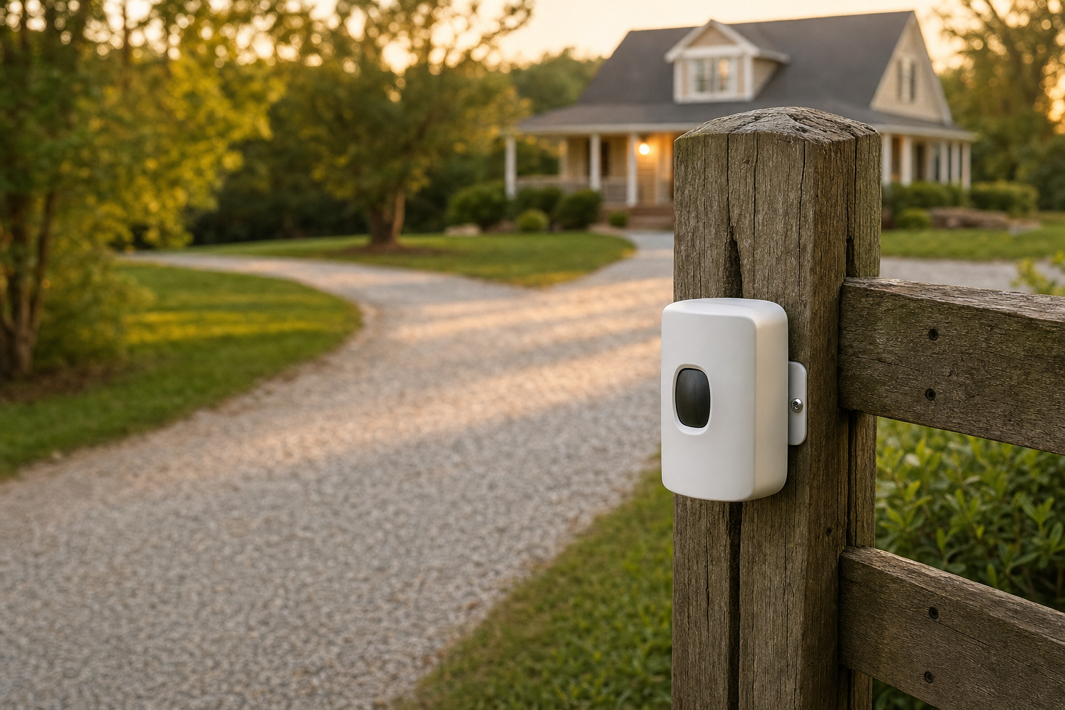 Best Driveway Alarms - a small wireless motion sensor mounted on a wooden fence post beside a gravel driveway at the edge of a suburban property