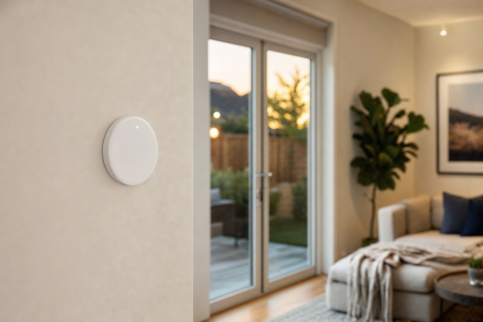 Best Glass Break Sensors - a small round white glass break sensor mounted on a living room wall next to glass patio doors