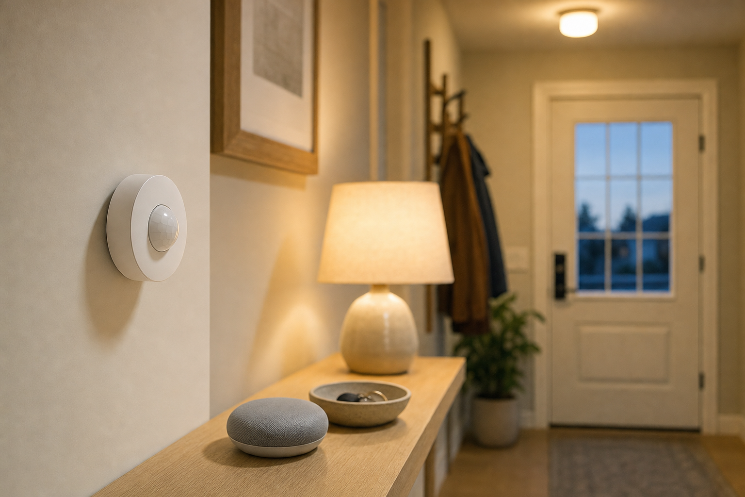 HomeKit Automations - a hallway at dusk with a warm ceiling light switched on, a small white motion sensor on the wall and a compact smart speaker on a side table