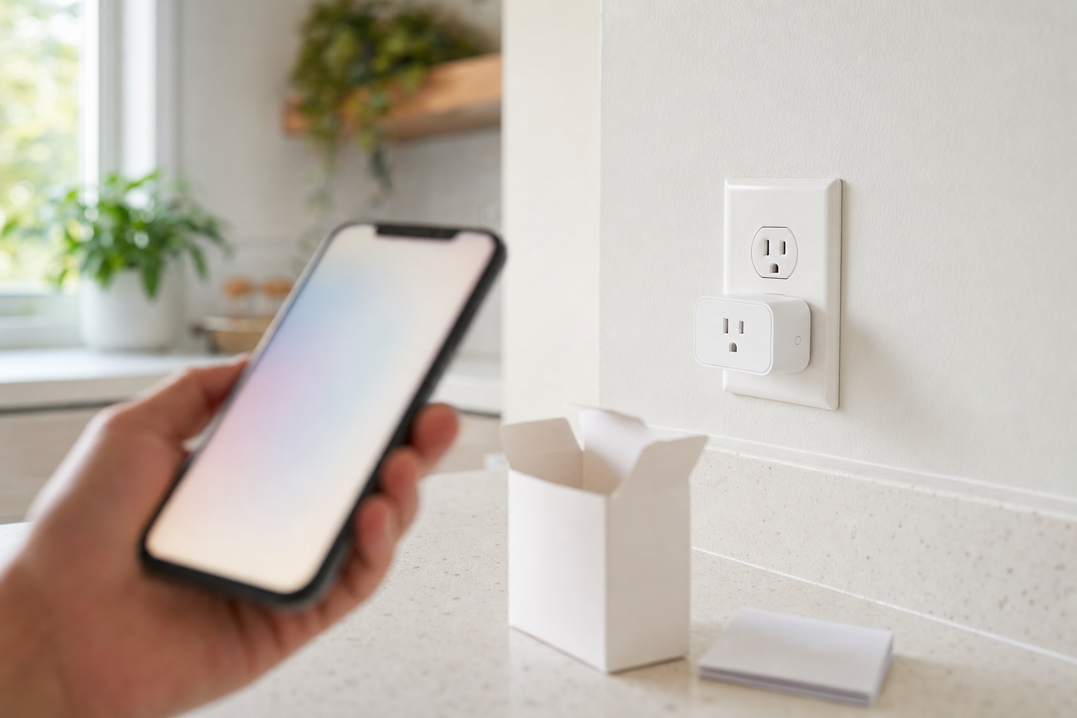 Lost Your HomeKit or Matter Setup Code? - hand holding a smartphone near a small white smart plug in a kitchen wall outlet