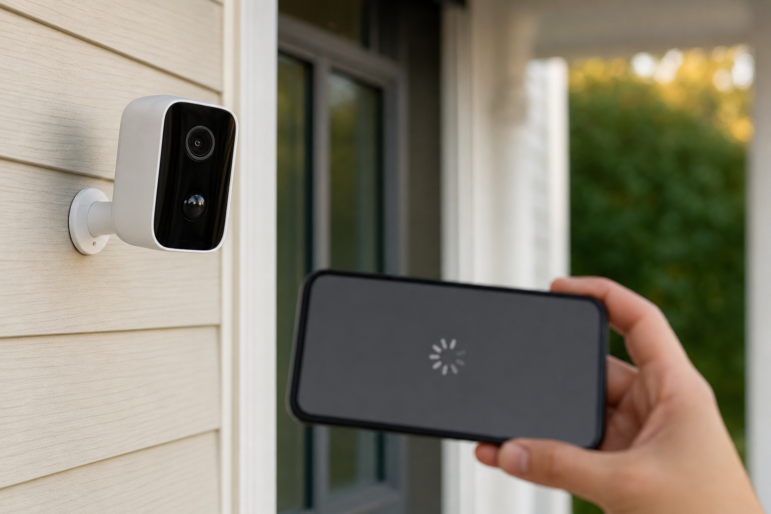 Ring Camera Not Working - battery-powered outdoor security camera mounted on the siding of a house, with a hand holding a smartphone in the foreground