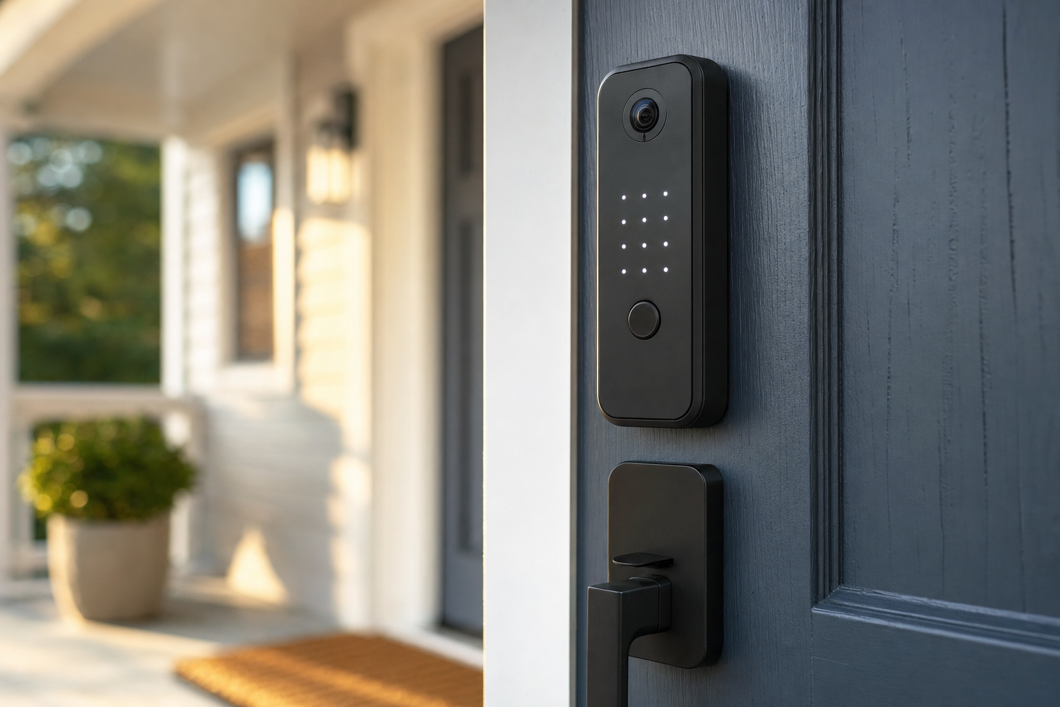 Best Smart Locks With a Camera - a matte black keyless smart deadbolt with a small built-in doorbell camera on a modern front door