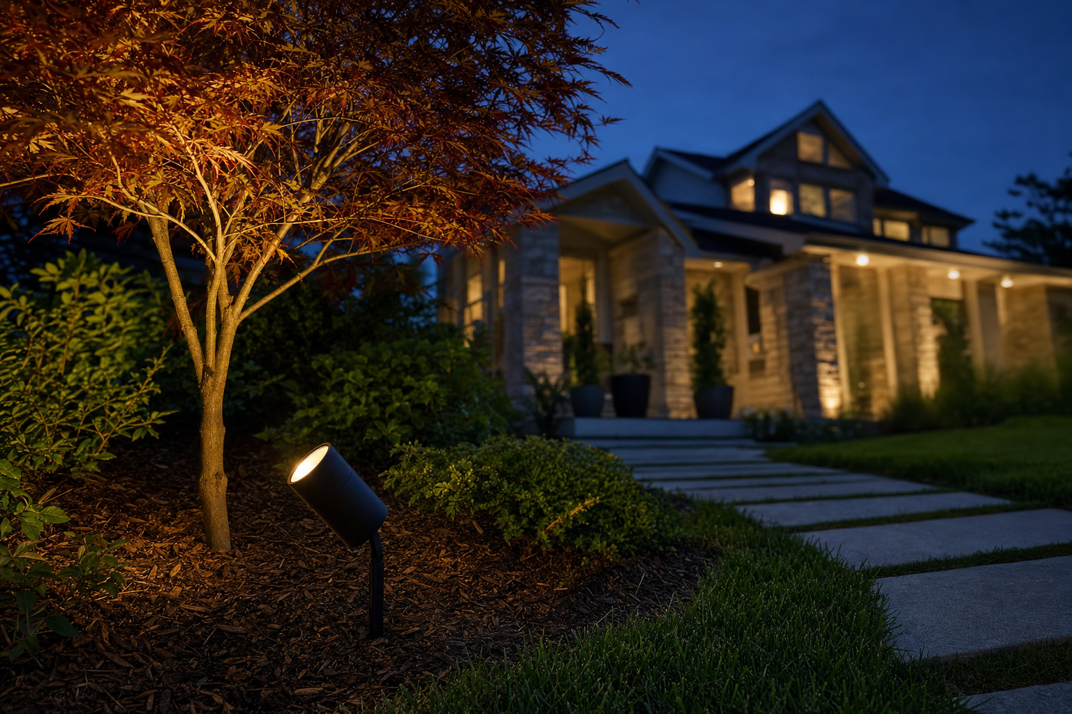 Best Smart Outdoor Lights - a black landscape spotlight on a ground stake in a garden bed, lighting up a small maple tree in warm white at dusk in front of a house